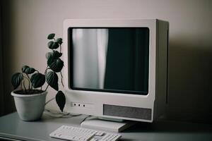en skrivbordet dator med en tom skärm i en minimal. illustration ai generativ foto
