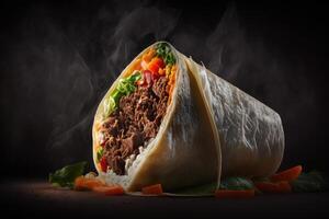 burritos är insvept i nötkött och grönsaker mot en svart. illustration ai generativ foto