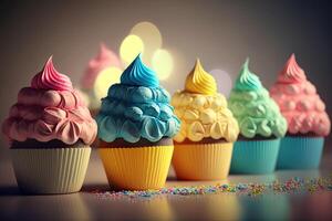 regnbåge färgrik cupcakes. illustration ai generativ foto