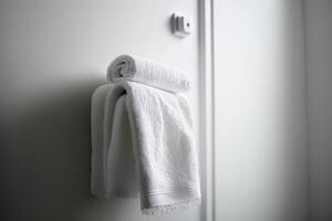 tvätt vit handduk i badrum. illustration ai generativ foto