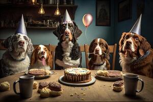 hundar i födelsedag caps sitta på fest. illustration ai generativ foto