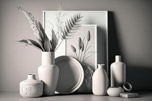 eleganta minimalistisk grå sammansättning med design vaser. illustration ai generativ foto