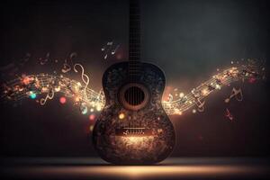 festlig bakgrund med gitarr och musikalisk anteckningar. illustration ai generativ foto