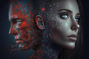 ai och person illustration generativ ai konst, två ansikten av person och cyborg, teknologi abstraktion foto