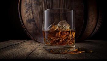 glas av whisky inomhus, dyr alkoholhaltig dryck generativ ai illustration foto