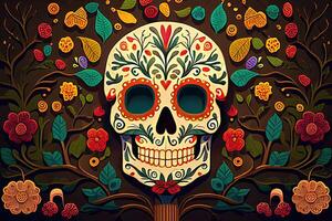 dia de los muertos bakgrund dag av de död- konst dekoration, ben skalle blomma prydnad Semester tapet, generativ ai foto