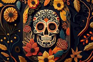 dia de los muertos bakgrund dag av de död- konst dekoration, ben skalle blomma prydnad Semester tapet, generativ ai foto