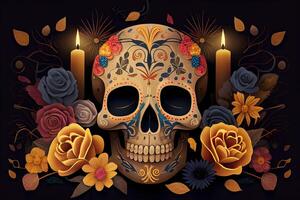 dia de los muertos bakgrund dag av de död- konst dekoration, ben skalle blomma prydnad Semester tapet, generativ ai foto