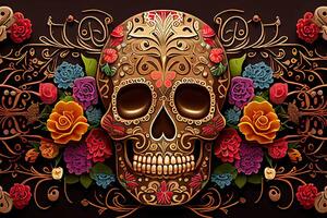 dia de los muertos bakgrund dag av de död- konst dekoration, ben skalle blomma prydnad Semester tapet, generativ ai foto