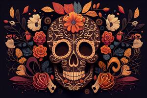 dia de los muertos bakgrund dag av de död- konst dekoration, ben skalle blomma prydnad Semester tapet, generativ ai foto