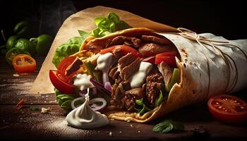 gott doner kebab shawarma rulla slå in illustration. generativ ai mat foto