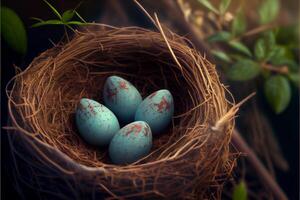 fåglar bo med ägg på en träd. vänta för avkomma. ai genererad foto