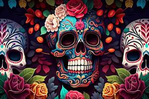 dia de los muertos bakgrund dag av de död- konst dekoration, ben skalle blomma prydnad Semester tapet, generativ ai foto