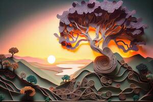 träd växande på topp av de kulle, orange Sol på bakgrund, landskap design generativ ai illustration foto