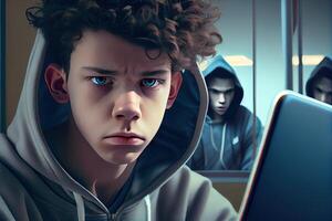 tonåring nätmobbad, pojke porträtt med bärbar dator, generativ ai foto