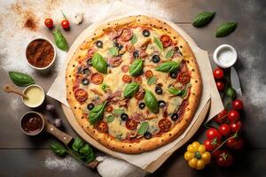 varm italiensk pizza. illustration generativ ai foto