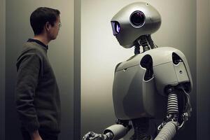robot hjälper mänsklig, person med maskin inlärning hjälp, generativ ai foto