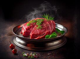 rå kött på ett järn maträtt. kött för matlagning. ai genererad foto