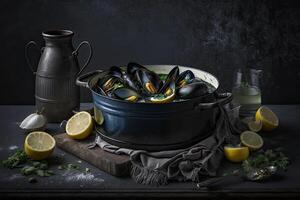 musslor i vit vin och citron- juice i en blå gjutjärn. illustration ai generativ foto