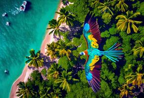 tropisk kust topp se. skön papegoja flugor över de ö. ai genererad foto