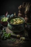 potatis och kål soppa med krutonger. illustration ai generativ foto