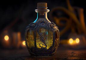 glas flaska med magi elixir. häxans avkok. ai genererad foto