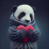 söt panda bär en stickat scarf. generativ ai foto