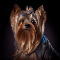 söt yorkshire terrier med en rosett. illustration generativ ai foto