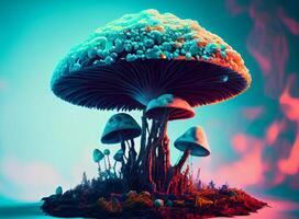 neon hallucinogena svamp på en blå bakgrund. ai genererad foto