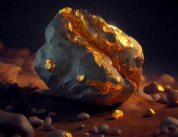 guld guldklimp liggande på de jord. värdefullt mineral sten. ai genererad foto
