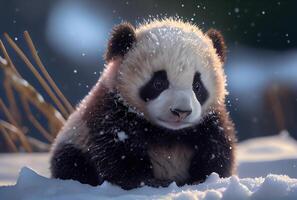 söt bebis panda i snö vinter. illustration generativ ai foto