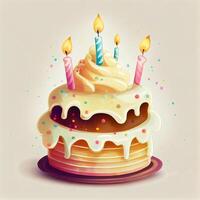 Lycklig födelsedag illustrerade kaka med ljus. generativ ai foto