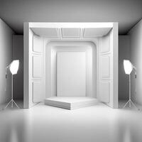 vit studio rum bakgrund med strålkastare på. illustratör generativ ai foto