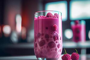 glas av hallon smoothie i vit golv. illustration generativ ai foto