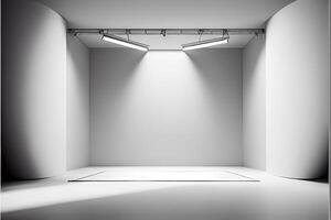vit studio rum bakgrund med strålkastare på. illustratör generativ ai foto