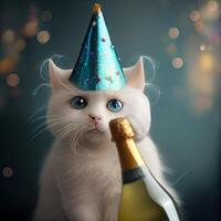 Lycklig födelsedag katt med champagne flaska. generativ ai foto