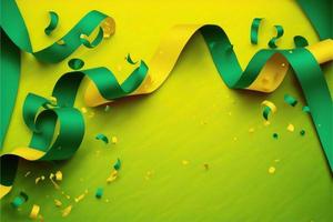 grön och gul bakgrund med band, streamers och konfetti, karneval. ai foto