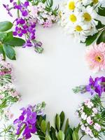 dianthus, gerbera, kamomill, lagerblad. blommig ram foto