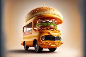 ai genererad burger leverans. snabb hamburgare bil. ostburgare som snabb mat bil. maskot burger bil design. logotyp för restaurang eller Kafé. gata mat festival symbol med burger i tecknad serie stil. foto
