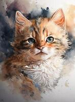 närbild söt hårig katt vattenfärg målning. ai genererad foto