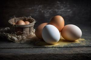 kyckling ägg, brun och vit ägg på en tabell. ägg redo till vara Begagnade med mjöl och vete i recept på de tabell. typer av ägg Begagnade i kaka förberedelse och olika recept. foto