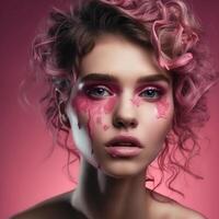 skön kvinna med rosa konstnärlig smink foto