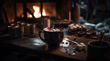 varm choklad med marshmallows i främre av en öppen spis i vinter- foto