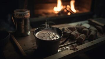 varm choklad med marshmallows i främre av en öppen spis i vinter- foto