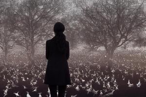 illustration av en kvinna står i en flock full av fåglar foto