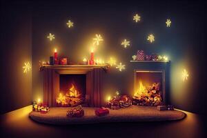 illustration öppen spis med fe- lampor och gåvor för jul foto