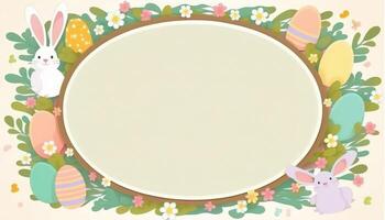 Lycklig påsk hälsning kort i platt stil med ägg och minimalistisk platt Färg blommor. tömma Plats för din hälsning text. generativ ai. foto