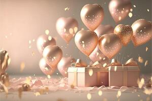 festlig romantisk bakgrund med ballonger hjärtan och konfetti hjärtans dag eller glad jul och Lycklig ny år hälsningar. generativ ai. foto