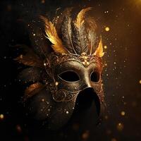 realistisk lyx karneval mask med gul fjädrar. abstrakt suddig bakgrund, guld damm, och ljus effekter. generativ ai foto