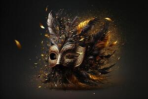 realistisk festlig bakgrund med utsmyckad maskerad karneval mask, fjädrar, paljetter och konfetti. generativ ai foto